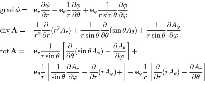 \begin{displaymath}
{\normalsize
\begin{array}{ll}
{\rm grad}\,\phi = & {\mathbf...
...partial A_r}{\partial \theta}}
\right] \\ [1em]
\end{array}}
\end{displaymath}